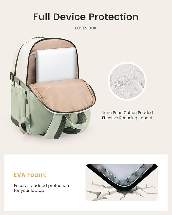 LOVEVOOK Laptop Backpack for Women with Giant Tumbler Holder,15.6 Inch Laptop Computer Bag Travel Backpack Purse,Waterproof Work Business Backpack College Bookbag Teacher Bags,Beige-Mint Green