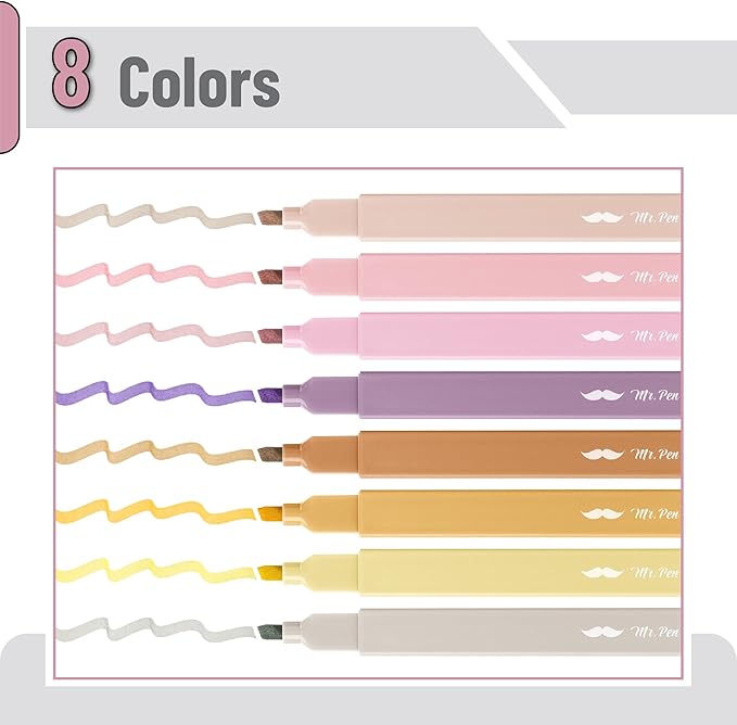 Mr. Pen- Aesthetic Highlighters No Bleed, 8 Pack, Vintage Brown, Chisel Tip, Cute Highlighters Assorted Colors for Journaling, Highlighting, Underlining, Fast Dry, Back to School Supplies