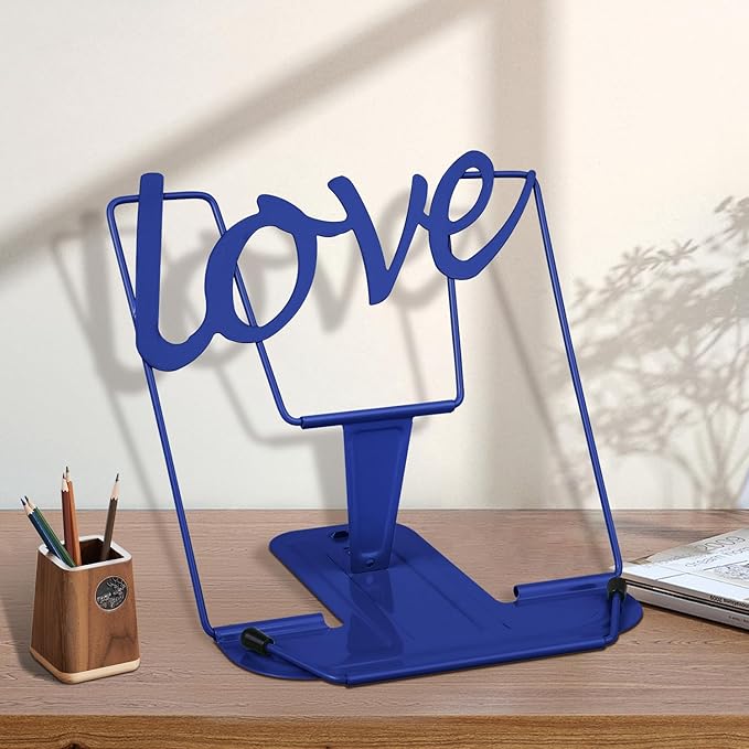 Honagu Adjustable Metal Book Holder, Document Holder, Sturdy Typing Stand for Cookbooks, Textbooks, Tablets, Music Books (Blue)