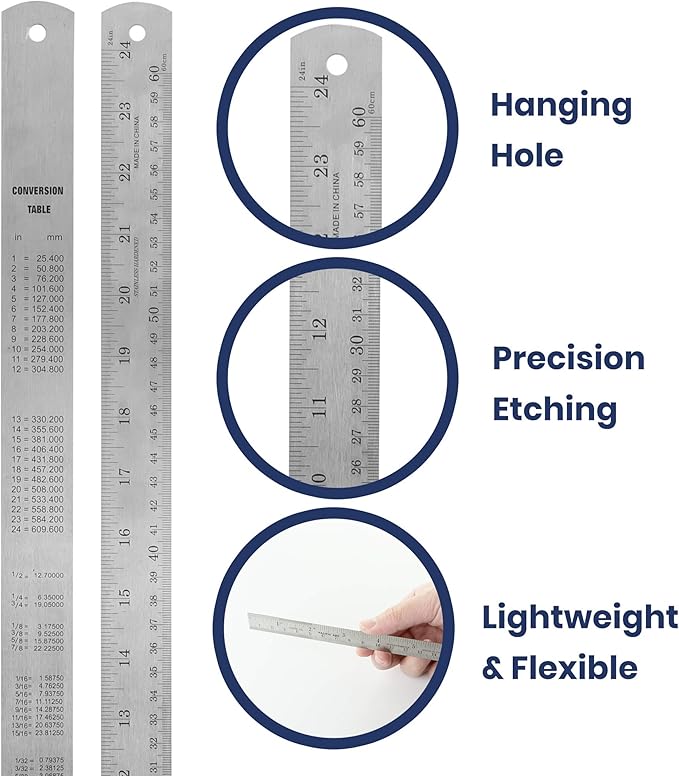 2 Pack Pacific Arc 24 Inch Stainless Steel Ruler with Inch/Metric Conversion Table