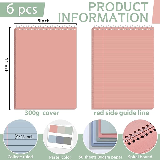 gisgfim 6 Pcs Neutral Top Bound Spiral Notebooks 8.5" x 11" College Ruled Aesthetic Legal Pad Steno Pads Colored Paper Assorted Covers Wirebound Notepad for Writing School Office Supplies