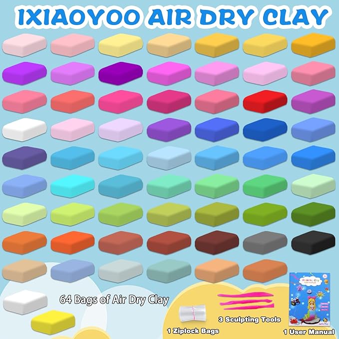 Ixiaoyoo Air Dry Clay, 64 Colors Modeling Clay for Kids, Creative DIY School Arts & Crafts Kit, Soft & Non-Sticky, Birthday & Christmas Toys Gifts for Age 3 4 5 6 7 8+ Years Old Boys Girls Kids