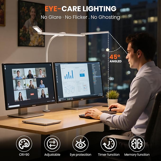 LED Desk Lamp for Office Home, 3 Light Bar Adjustable Desk Light with Clamp, Architect Table Lamp Computer Monitor Lighting, Stepless Dimming Eye-Caring Clip on Light for Workbench Reading Study White