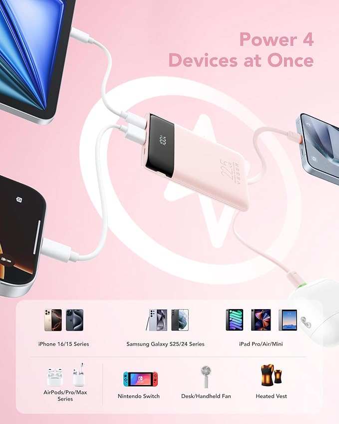 VEGER 22.5W Fast Charging Portable Charger, Slim 10000mAh Power Bank with Built-in Cables, Small USB C Battery Pack for iPhone iPad Samsung Galaxy Pixel LG Moto, Flight Safe, Travel Essential, Pink