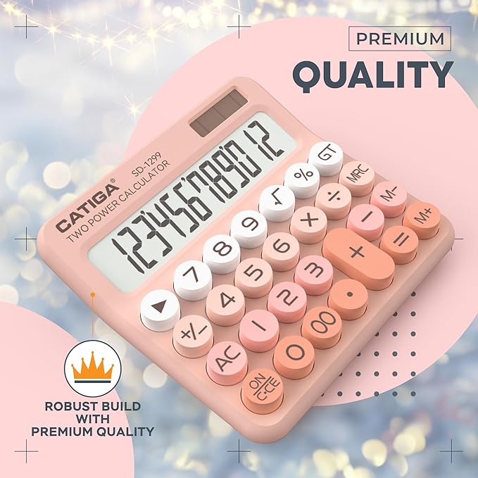 CATIGA Mechanical Switch Calculator with Solar and Battery Dual Power, 12-Digit Large LCD Display, Aesthetic and Cute Desktop Calculator with Big Button, for Home, School and Office Use, SD-1299