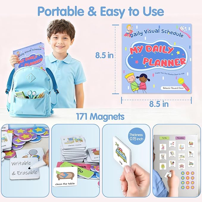 ALSLEA Magnetic Visual Schedule, Morning & Bedtime Routine Chart, Magnetic Chore Chart Cards, Customizable Daily Planner with 171 Magnets ADHD, Autism Learning Material, Early Childhood Education Aid
