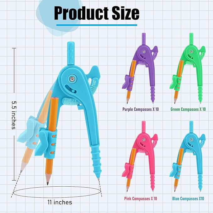 40 Pieces Compass Geometry Tool Multicolour Math Compass Drawing Compass for Geometry Plastic Geometry Compass with Pencil for Office Drafting Art Drawing (4 Colors, 40 PCS)
