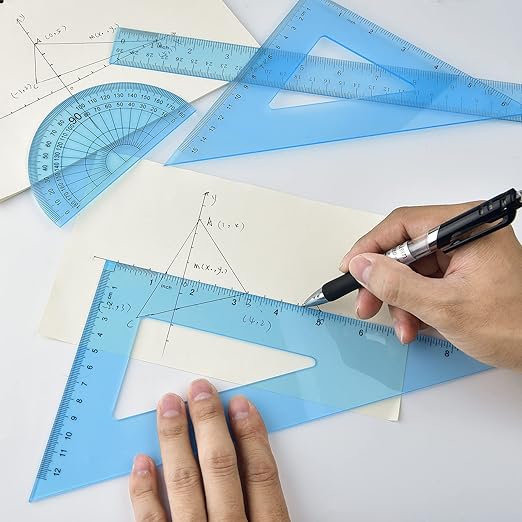 Coopay 12 Inch Math Geometry Tool Plastic Ruler Square Set Includes Straight Ruler, Triangles, Protractor for Student School Office Supplies (Blue)