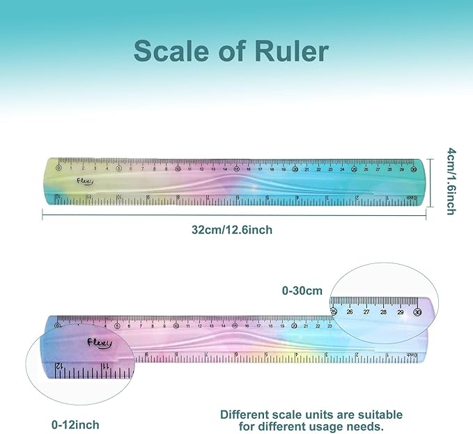 4 Pieces Flexible Ruler 12 Inch / 30 cm Bendable Soft Plastic Ruler Colorful Shatterproof Straight Edge Ruler for School, Classroom, Office