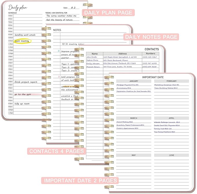 Undated Daily Planner With Hourly Schedule, To Do List Spiral Notebook, Easily Organize Your Work Tasks And Appointments, Perfect School Or Office Supplies For Organizing & Planning, 7.5"x10", Pink
