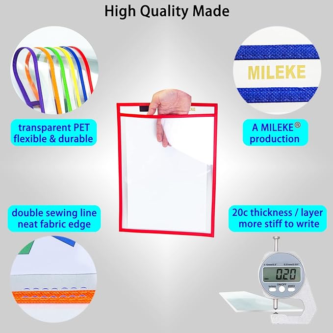MILEKE Heavy Duty Dry Erase Pockets, Rewritable Dry Erase Sleeves for School and Work, Clear workSheet Protectors, 10" x 13.5" Plastic Ticket Holders, 6 Colors Assorted, Pack of 6