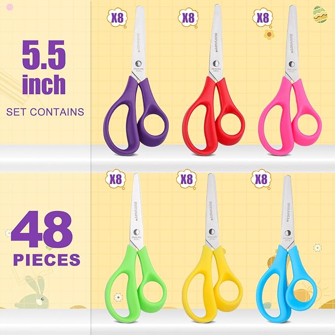 BURVAGY 48Pack 5.5" Safety Small School Kids Student Round Blunt Tip Craft Scissors Bulk, Stainless Steel Blades Comfort Grip Scissors for Kid Children Kindergarten Cutting Paper