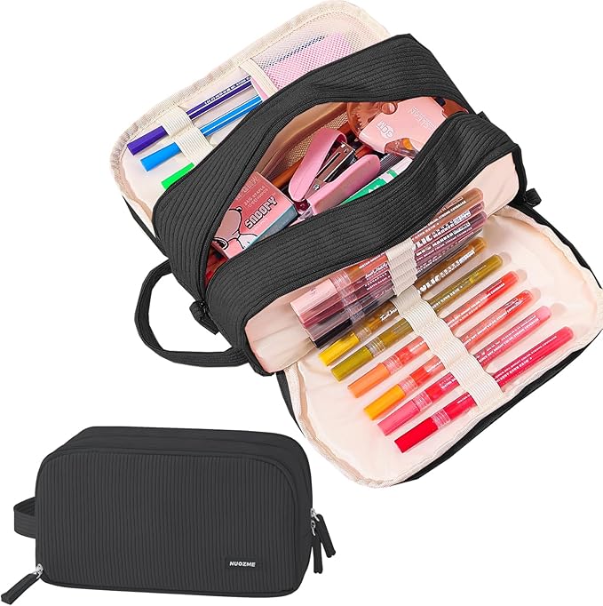3 Compartment Pencil Case, Extra Large Capacity School Supplies Pencil bag with Easy Handle, Soft Corduroy Pencil Pouch, Aesthetic Supply Pen Case Bag Organizer For Teen Girls College (Black)