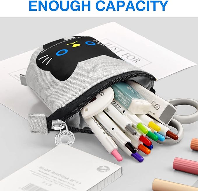 Cat Cute Standing Pencil Case for Kids, Pop Up Pencil Box Makeup Pouch, Stand UP Cartoon Christmas Gift Kids Pen Holder Organizer Cosmetics Bag, Kawaii Stationary (Black Cat)