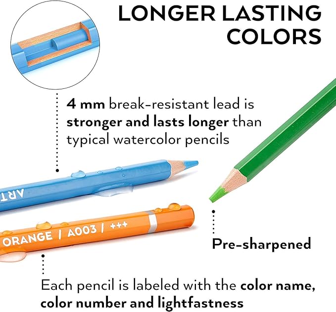 ARTEZA Watercolor Pencils, Set of 120, Water-Soluble Colored Pencils with 4 mm Break-Resistant Core, Pre-Sharpened Tips and Metal Tin for Drawing, Shading, Blending, and Wet or Dry Techniques