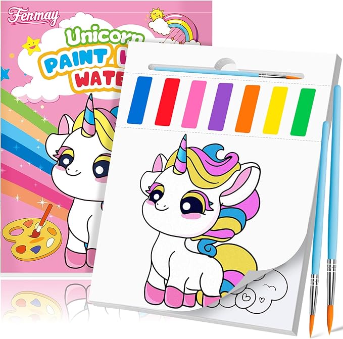 Fenmay Paint with Water Coloring Books for Kids, Mess Free Watercolor Paint Sets with 2 Premium Brushes, Arts and Crafts Birthday Gift for Kids Age 3-5 4-8, Travel Activities Toy (Unicorn)