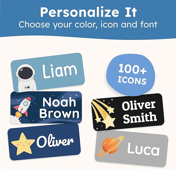 Personalized Name Labels for Kids (70 Labels) - Durable & Waterproof Custom Name Stickers for Clothing Tags, School Supplies, Camp & Daycare - Galaxy (1.2”x0.5”)
