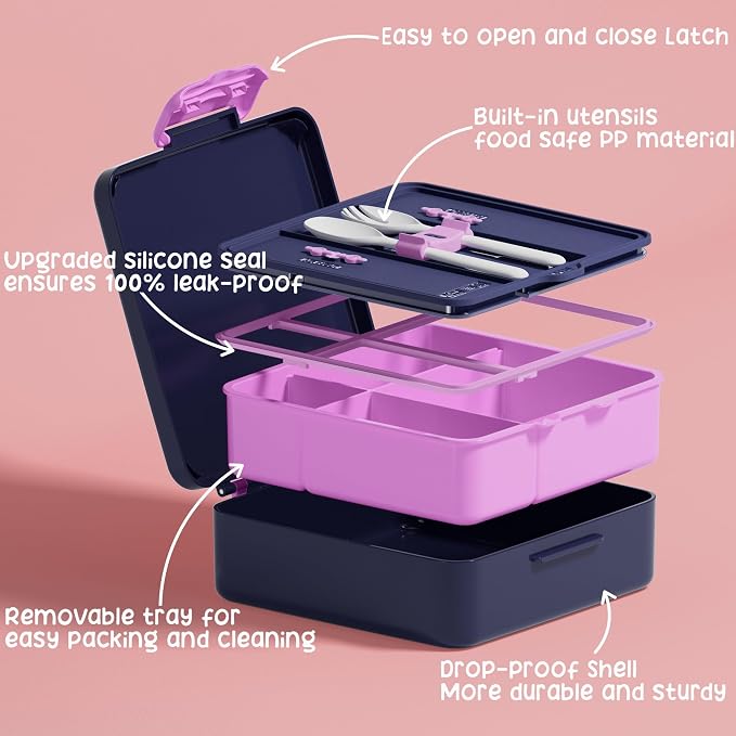 Fimibuke Bento Lunch Box for Kids, Toddler Bento Box with 4 Compartments | Leak Proof BPA Free Dishwasher Safe Lunch Container with Utensils, Ideal Portion Sizes for Ages 3-12 Girls Boys for School