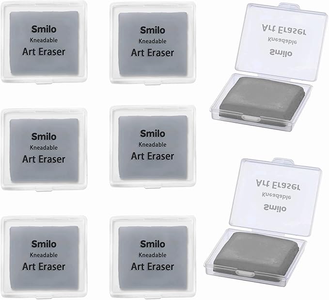 Smilo 8-Pack Gray Kneaded Erasers | Moldable & Dust-Free Putty Eraser | No Smudge Art Eraser with Case for Drawing