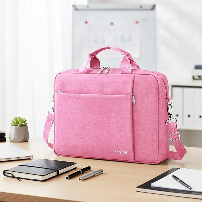Ferkurn Laptop Bag Case for Women Men Computer Bag Compatible with HP Envy Pavilion Omen/LG Gram/MSI/Dell Inspiron XPS/Lenovo/Acer, Shoulder Strap Carrying Messenger Briefcase, Pink, 17 17.3 Inch