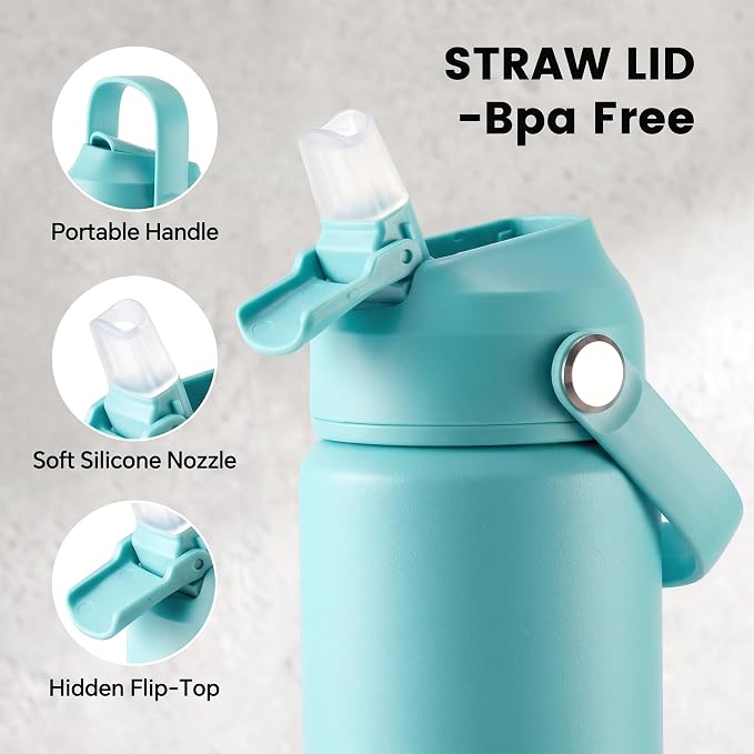 Fijinhom 18oz Insulated Stainless Steel Water Bottle, Wide Mouth Double Wall Vacuum, Silicone Straw, Sweat & Leak Proof, BPA Free Insulated Water Flask for Travel, Keep Cold 24h Hot 12h, Sky