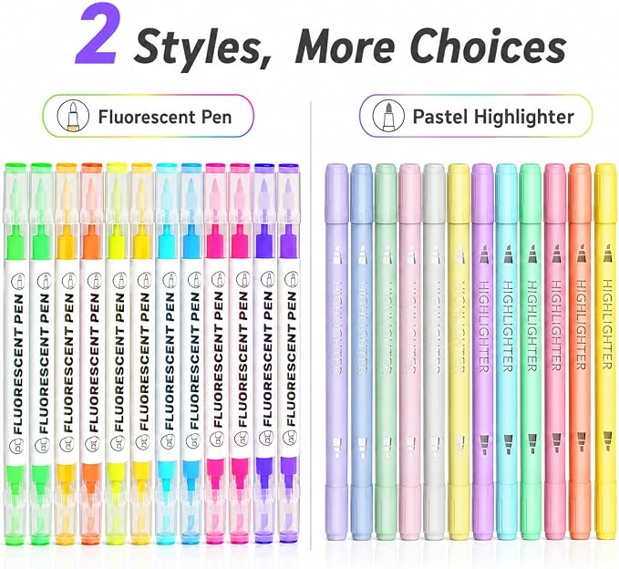 Highlighters, 24 Assorted Colors Highlighters Pens, Broad and Fine Tips Pastel Highlighter Marker Pens, Bible Highlighters No Bleed for Journaling, Students School Office Stationery | Dual Tip Chisel & Fine Point Bible Highlighters Pastel & Vibrant Sha...