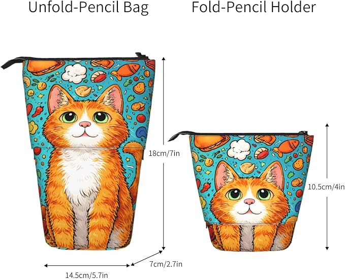 Cat Standing Pencil Case Cute Telescopic Stationary Pouch with Zipper Large Capacity Stand up Pen Bag Portable Makeup Holder for School Office Supplies