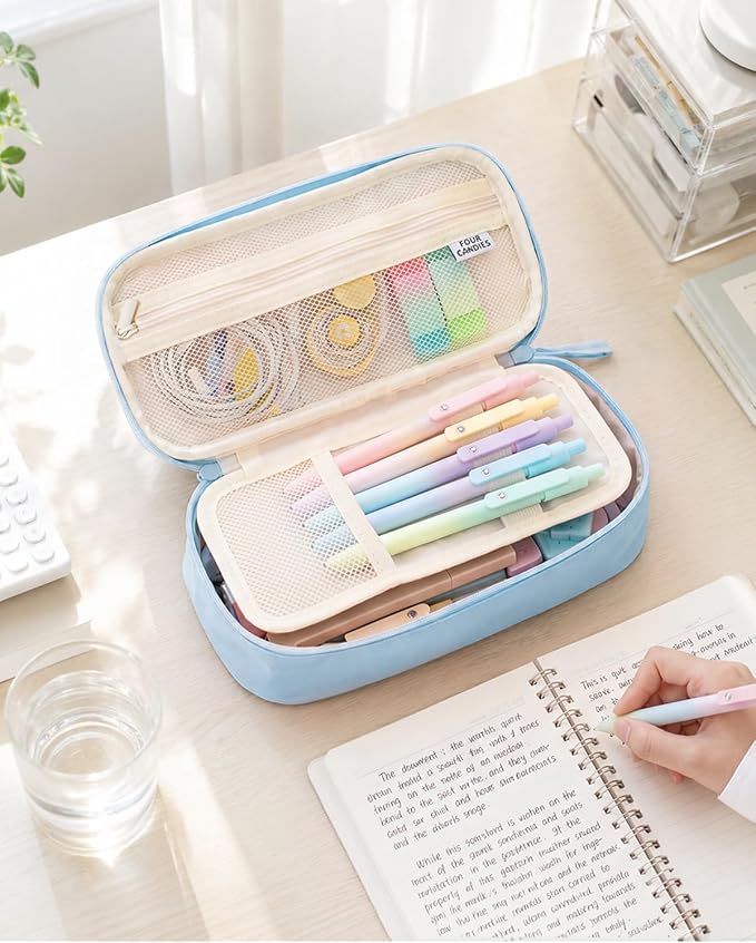 Four Candies Large Pencil Case, 5 Compartments Canvas Pen Organizer | Big Capacity Pencil Pouch Bag for School Supplies, Portable Stationery Holder for Teen Girls Boy Men Women