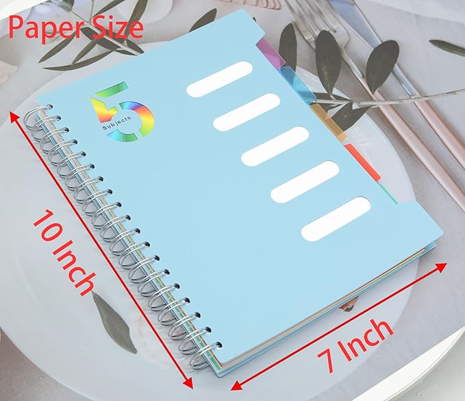 5 Subject Notebook, 1 Pcs Light Blue 10 Inch x 7 Inch B5 Spiral Notebook With Waterproof Plastic Softcover, 300 Pages 80 Gsm College Ruled Papers With 5 Sheets Colorful Movable Dividers (Light Blue)