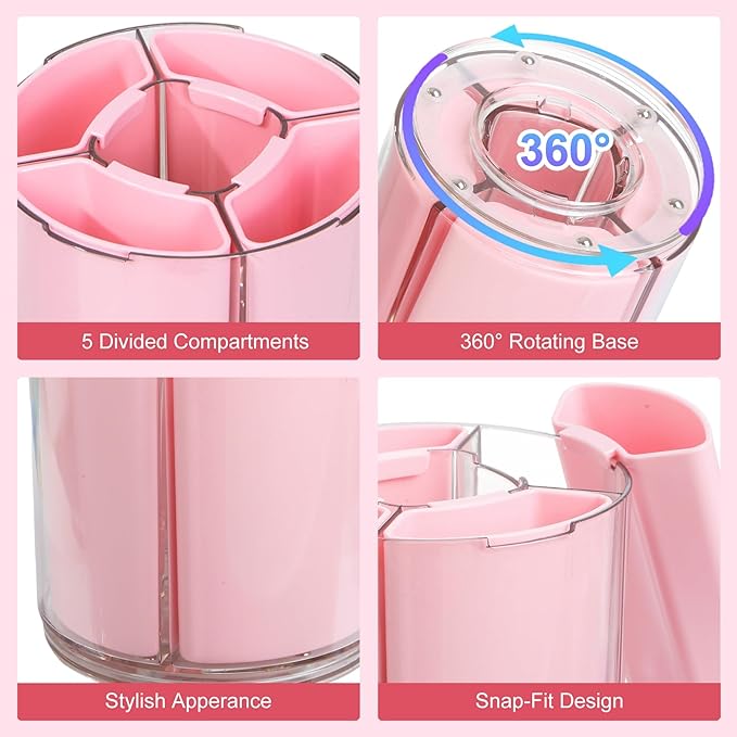 Comix 360° Rotating Pen Holder for Desk, Cute Pencil Holder Pen Organizer, Pink Acrylic Pencil Cup Caddy with 5 Slots for Home School Office Supplies