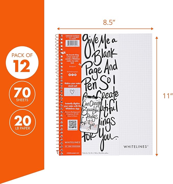 Whitelines Spiral Wire Bound Graph Ruled Notebooks, Premium 20# Gray Paper, 11" x 8.5" 70 Sheets, Makes Your Notes Stand Out and Links Them To The Digital World, Proudly Made in USA (Pack of 12)