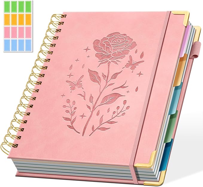Hardcover Spiral Notebook with 5 Removable Dividers Tabs 300 Pages Leather 5 Subject Notebook College Ruled 8"x10" Large B5 Notebooks for Work School Note taking Lined Journal for Women, Pink
