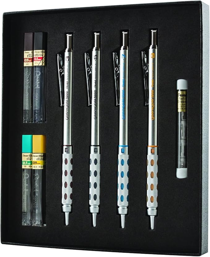 Pentel Arts GraphGear 1000 Mechanical Pencil Premium Gift Set with Refill Leads & Erasers (PG1000BXSET) (Pack of 6)