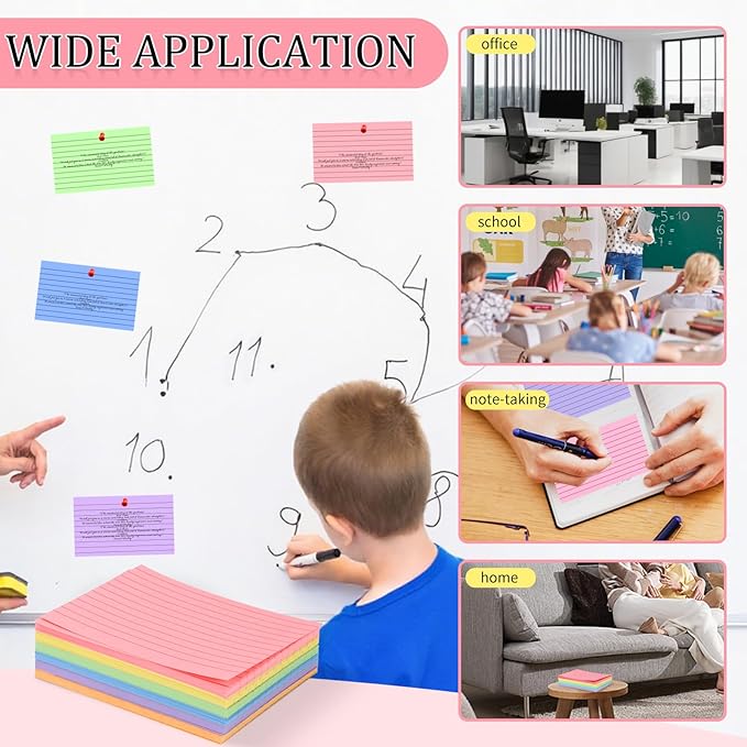 Tecmisse 600 Pieces Index Cards Rulded, Colorful Flash Cards 3 x 5 Index Card Bulk,Colored Index Cards 3x5, Note Cards Punched for School Learning, Office and Home Uses (Normal Thickness)