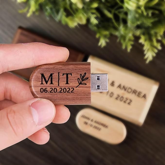 Wood USB Flash Drive Custom Logo USB Jump Drive 1GB/2GB/4GB/8GB/16GB/32GB/64GB/ Engraved Wood USB Memory Stick Thumb Drive with Box for Wedding/Couple/Parents - 5 Wood Types Optional(Oval Shape)