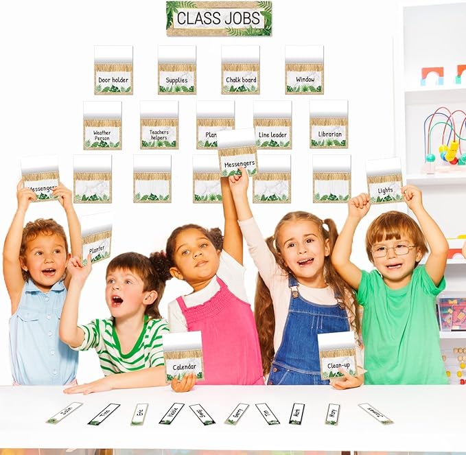 81 Piece Simply Boho Greenery Class Jobs Bulletin Board Greenery Classroom Jobs Pocket Chart Set Teacher's Helper Chalkboard Decor Classroom Bulletin Board Set Wall Decoration for Back to School