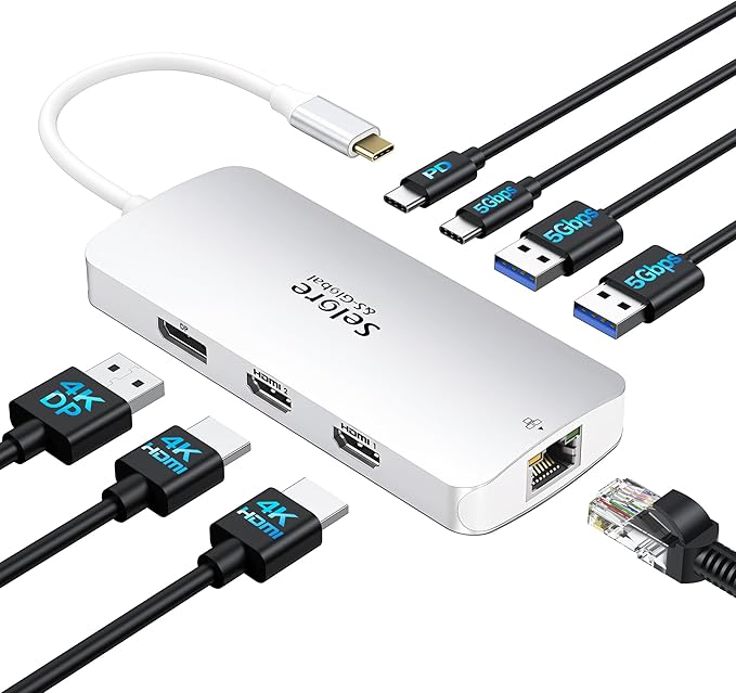 USB C Docking Station Dual Monitor, Selore Docking Station 3 Monitors Triple 4K Display with 2 HDMI, DisplayPort, 1 Gbps Ethernet, 100W PD Charging, USB 3.0 Ports Adapter for Dell, HP, etc(Silver)