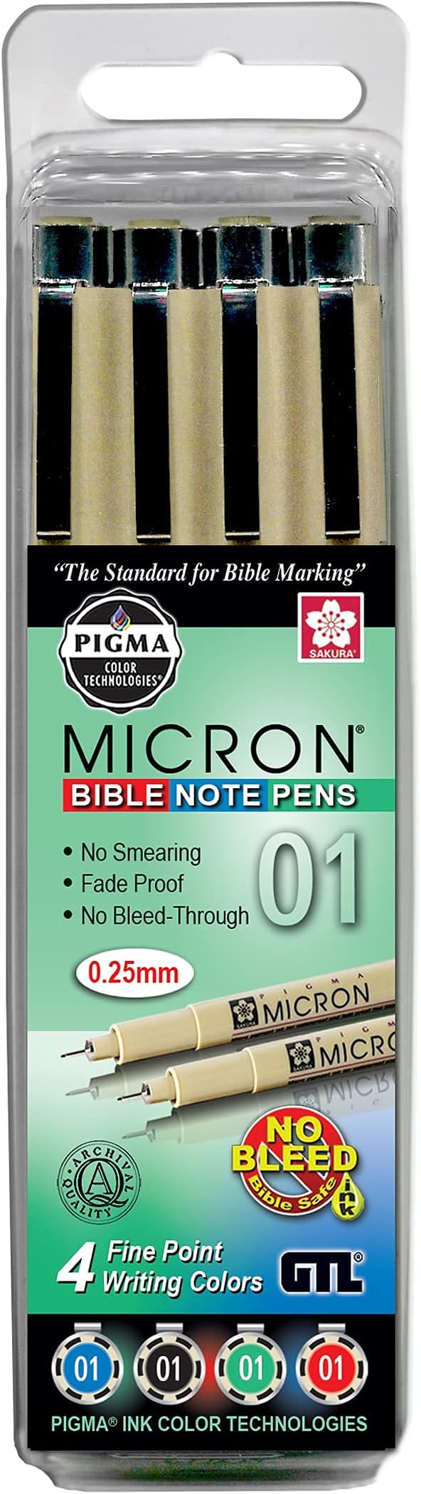 G.T. Luscombe Company, Inc. Pigma Micron 01 Fine Point Bible Note Pen Kit | No Bleed Pigmented Ink | Bible Safe | No Smearing or Fading | Black, Blue, Green, Red (Set of 4) | New Packaging |