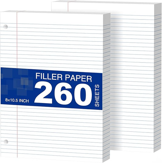2-Pack White Loose Leaf Paper 260 Sheets Filler Paper 8 * 10.5 College Ruled 3-Hole Punched for 3-Ring Binders Notebook Lined 8" x 10.5"
