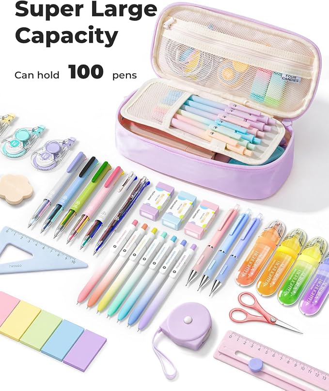 Four Candies Large Pencil Case, 5 Compartments Canvas Pen Organize | Big Capacity Pencil Pouch Bag for School Supplies, Portable Stationery Holder for Teen Girls Boy Men Women