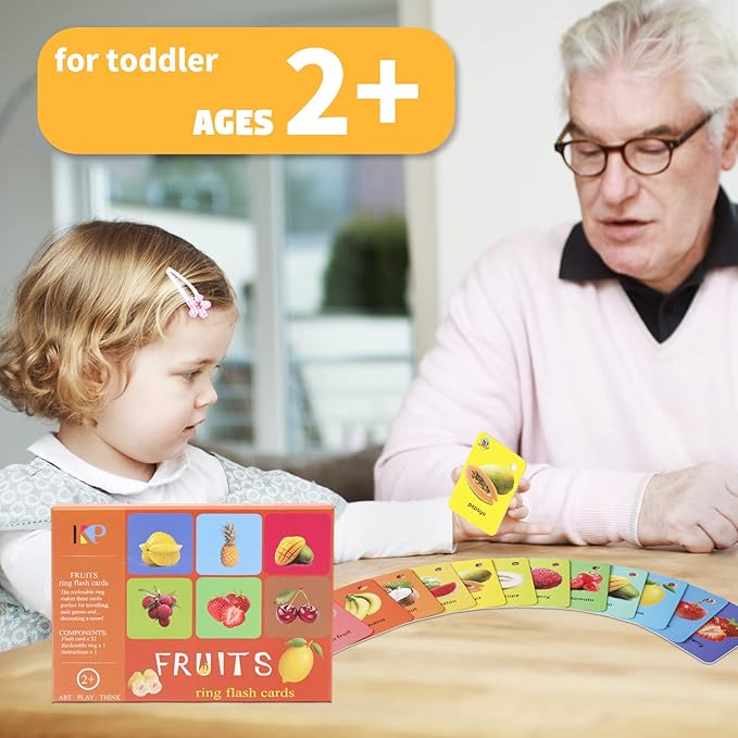 52 Pcs Kids Fruit Flash Cards Gift for Toddler Sight Words with Pictures Preschool Flash Cards Kindergarten Learning Activities with Rings (Fruit)
