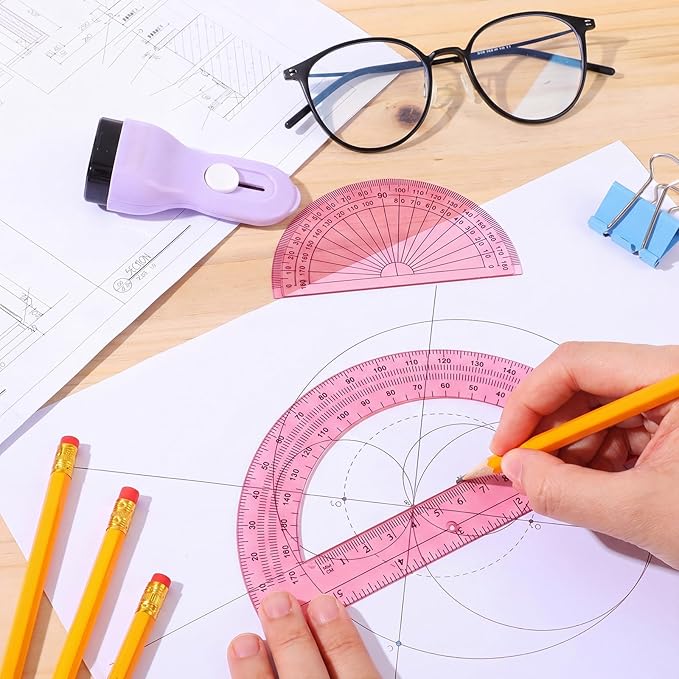 EBOOT 2 Pcs Plastic Protractor Clear 180 Degrees Transparent Protractor for Geometry, 4 Inch and 6 Inch(Light Pink)