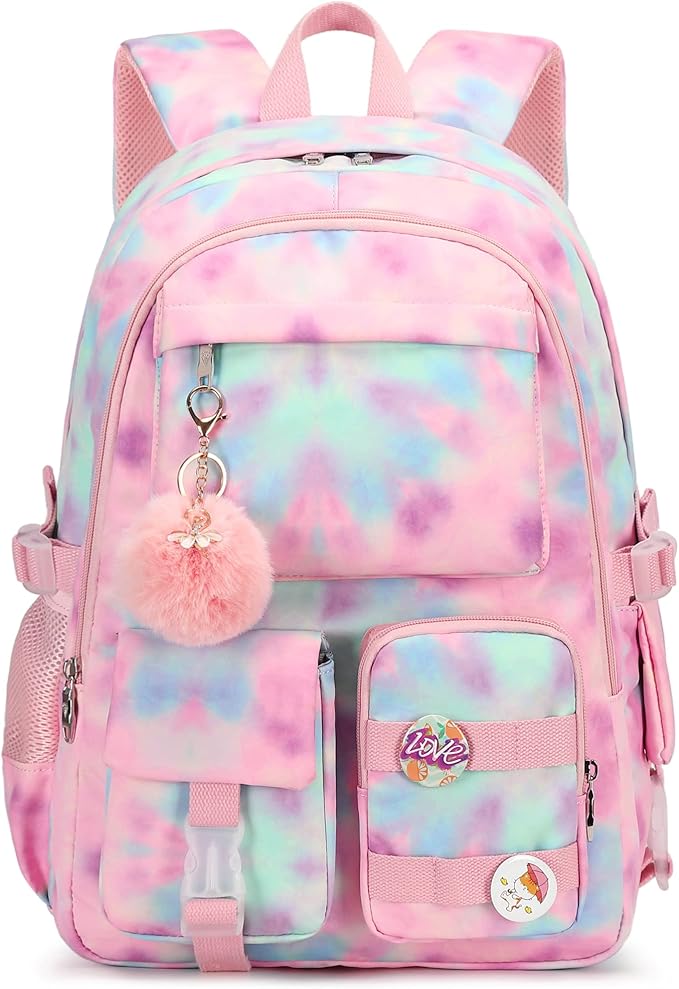 Hidds Laptop Backpacks 15.6 Inch College Backpack Elementary Middle High School Book Bag Kids Cute Bookbags Anti Theft Travel Back Pack Casual Daypack for Teens Girls Women Students (Tie-Dye Pink)