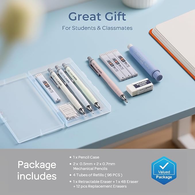 Nicpro Cute Mechanical Pencil Set, 4PCS 0.5&0.7 mm Pastel Drafting Pencils | 4 Tube HB Lead Refills, 4B Erasers, Rotary Retractable Eraser, Eraser Refill for Writing Sketching School Supplies