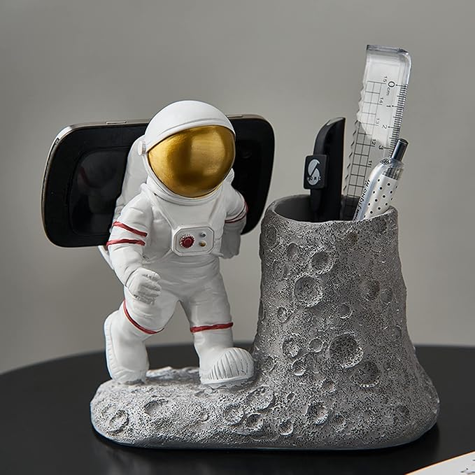 Astronaut Pen Pencil Holder with Phone Stand, Resin Spaceman Pen Container Cell Phone Stand for home Office Desktop Decoration, Gifts for Space Lovers, Gifts for Christmas
