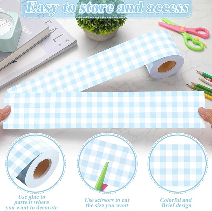 Pastel Blue 65.6 Ft Gingham Bulletin Board Border Die Cut Straight Border Trim Plaid Checkered Classrooms Decor for Whiteboard Wall Desk Window Door Locker Office School Party