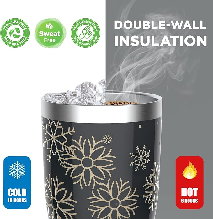 HAUSHOF 20oz Christmas Tumbler, Stainless Steel and Double Wall Insulated Travel Coffee Mug with Lid, Good Choice for Christsmas Gifts-Black with Snowflakes