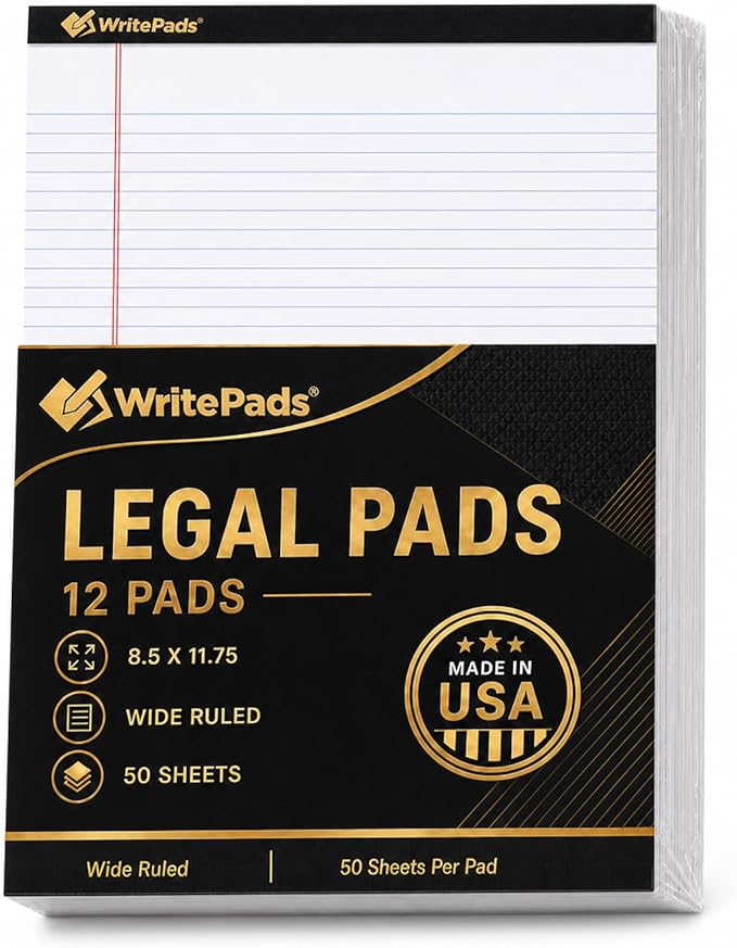 Legal Pads 8.5 x 11.75 Inch Wide Ruled Writing Pads, 12 Pack Note Pads - White Perforated Paper with Hard Back, 50 Sheets Per Pad, No Bleed Paper Notepad for Office, School, Business MADE IN USA