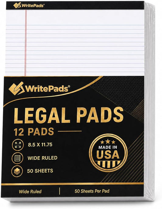 Legal Pads 8.5 x 11.75 Inch Wide Ruled Writing Pads, 12 Pack Note Pads - White Perforated Paper with Hard Back, 50 Sheets Per Pad, No Bleed Paper Notepad for Office, School, Business MADE IN USA