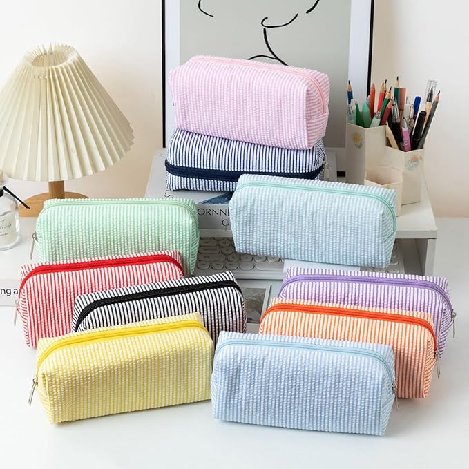 Seersucker Striped Pencil Bag, Large Capacity Stationery Pouch | Preppy Aesthetic Multifunctional Design That Doubles as a Cosmetic Makeup Pouch or Travel Storage Bag